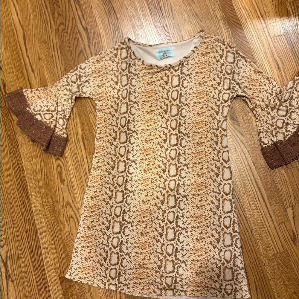 Brown Snakeskin Patterned Dress with Flared Sleeves